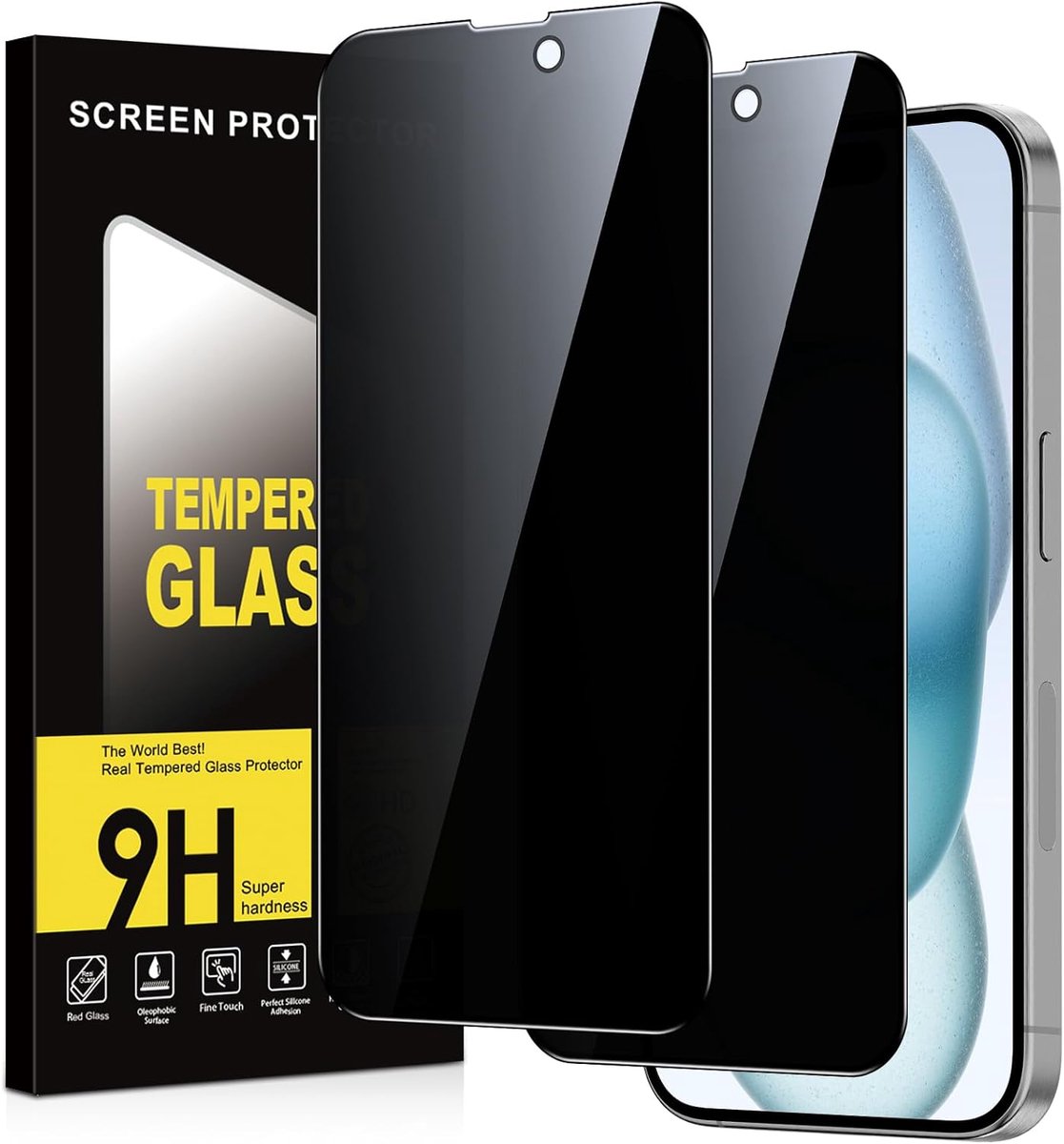 Screenprotector voor iPhone 15 gehard glas, hardheid 9H, anti-spy displaybescherming, krasbestendig, luchtbelvrij, anti-spion, veiligheidsglas, 2 stuks
