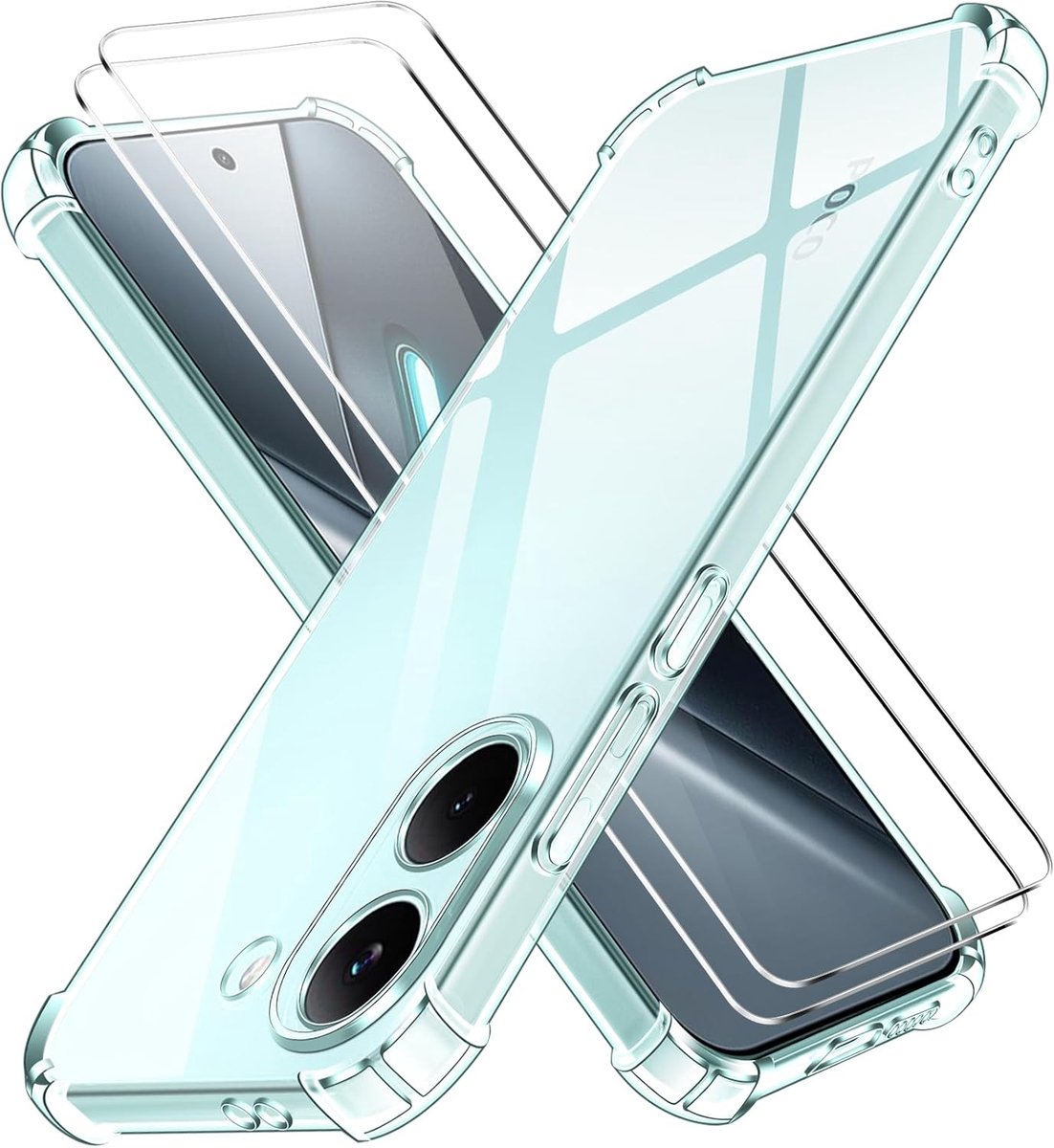 IVoler 3-in-1 beschermhoes voor Xiaomi Poco X8 Pro 5G met 2 stuks displaybeschermfolie van gehard glas, schokbestendig, krasbestendig, transparant, dun, zacht, TPU-siliconen beschermhoes