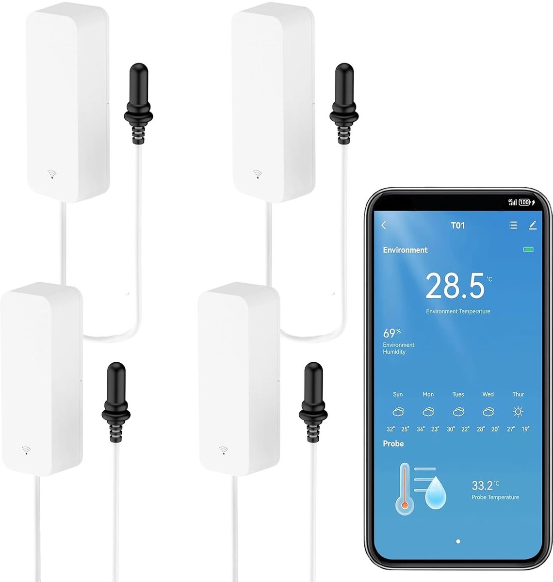 Thermometer, hygrometer met sonde, wifi, aquarium, temperatuur- en vochtigheidsmeter met app, bewaking op afstand, indoor koelkast, thermometer, sensor, gegevensopslag en export, compatibel met