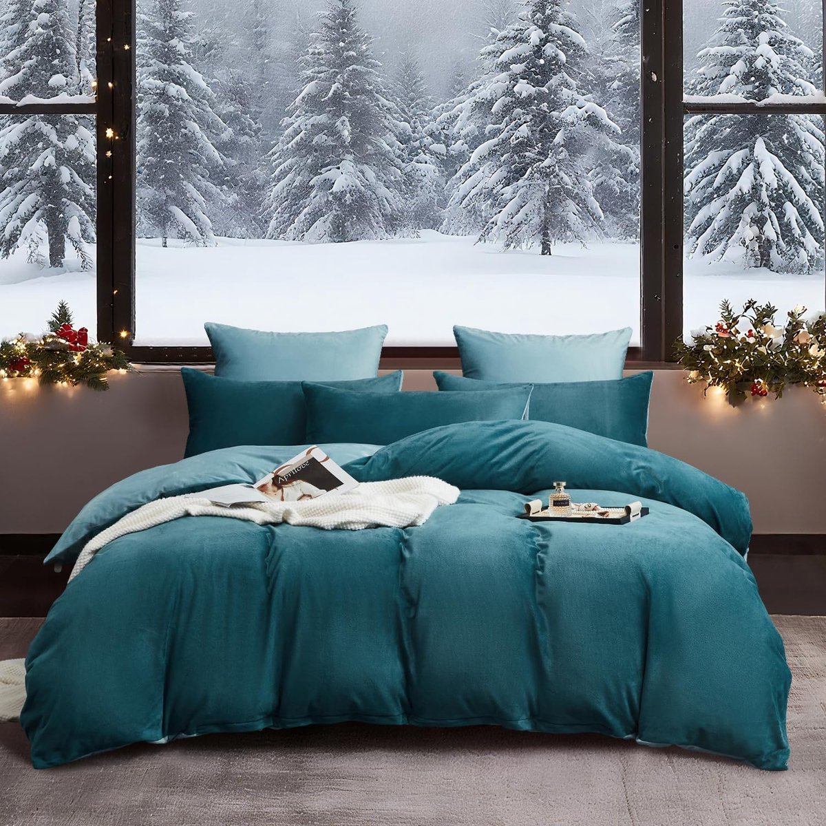 135 x 200 cm, petrol, lichtblauw, warm, behaaglijk, wollig, winterbeddengoed, zacht, fluweel, pluche, fleece, flanel, omkeerbaar beddengoed, 2-delig, met ritssluiting en