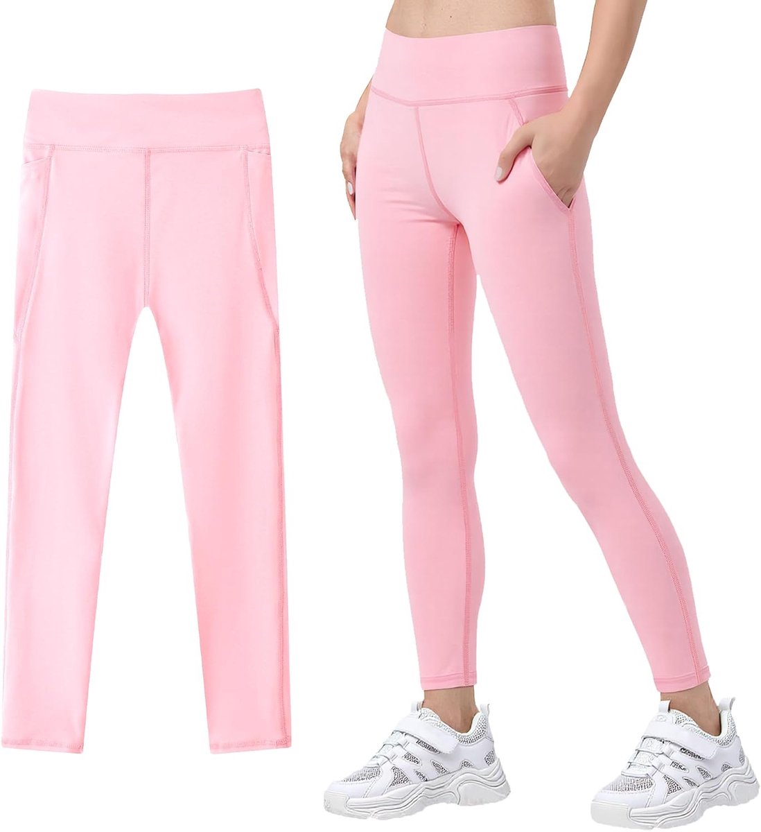 Leggings Meisjes Lange Sport Broek met 2 Zakken Running Broek Hoge Taille Elastische Kids Ademende Sport Broek Gymnastiek Jogging Training Lange Broek voor 5-11 Jaar, GR.110-152