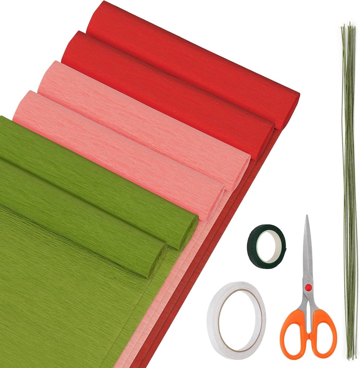 Crêpepapier rollen kit voor doe-het-zelf bloemen maken, inclusief 6 rollen 25 cm x 2,5 m crêpepapiervellen, 30 stuks 40 cm groene bloemendraad, 2 rollen tapes, 1 schaar