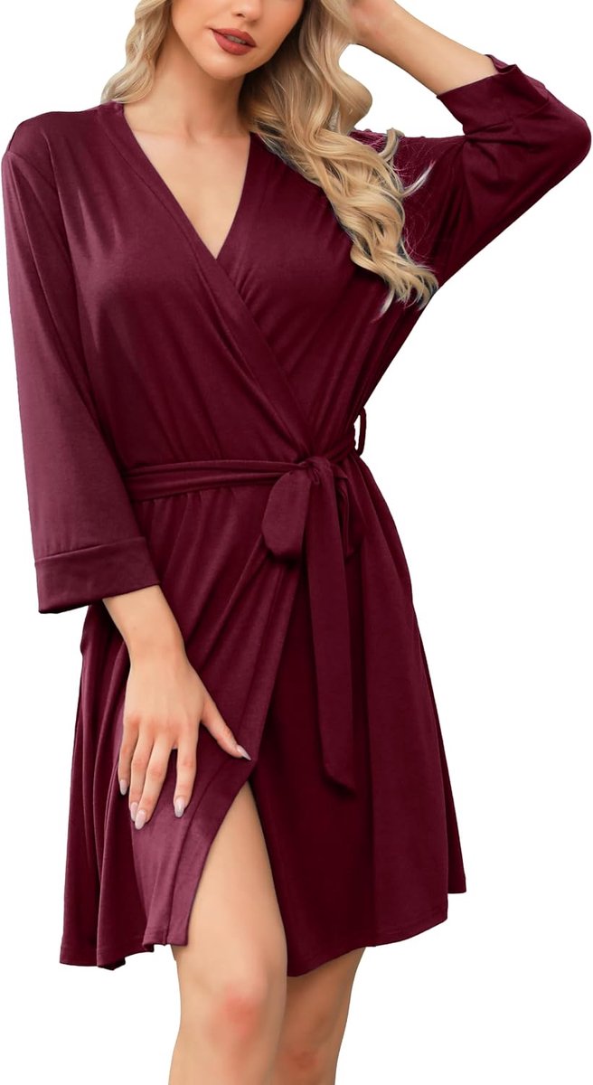 Ochtendjas dames lichte sauna badjas 3/4 mouwen V-hals reisbadjas met riem zachte loungewear met zakken