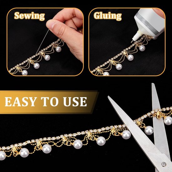 1 Yard/0,91 m Strass Parel Kwastje Fringe Trim Lint, Diamant ingelegd Parel Kralen Ketting Applique Versiering voor Naaien Ambacht, DIY Sieraden Bruiloft Bruids Boeket Kostuum Decoratie — afbeelding 4
