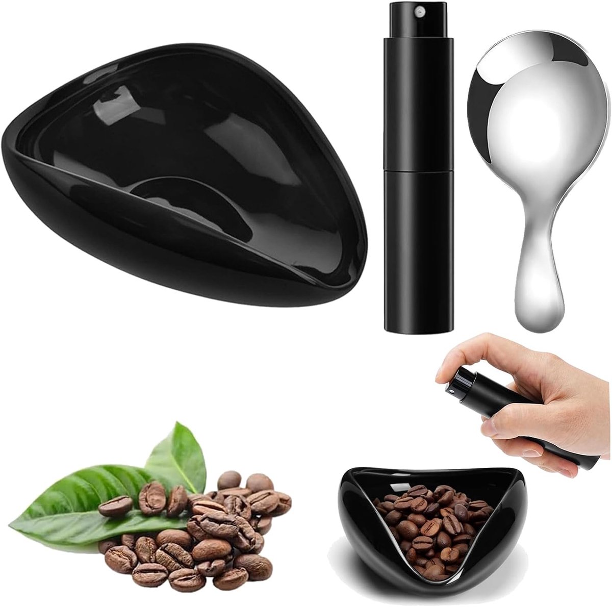 3 stuks koffiebonen doseerbekers keramiek, spuitfles voor koffiebonen, koffiebonen doseerbeker met weegschaal, met lepel voor koffiebonen, thee, kruiden enz. (zwart)