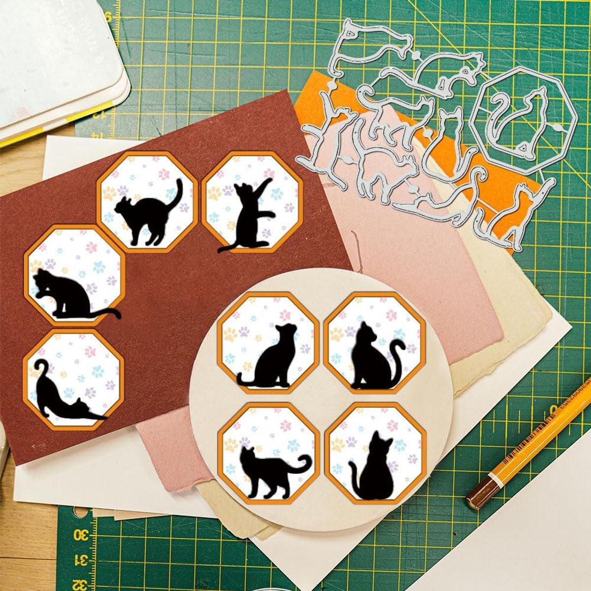 Animal Cats Die Cuts voor Kaarten Maken, Snijmatrijzen Stencil Metalen Set, met Achthoekige Rand Snijmatrijzen voor Kaarten Maken Album Decoratieve Embossing Kunstambachten