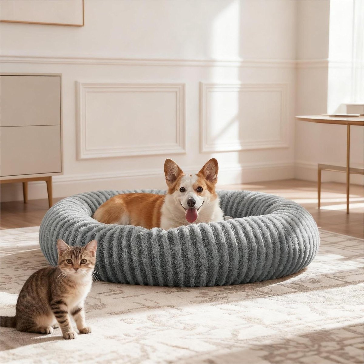 Rond Hondenbed - Kattenmand - Comfortabel Rusten - Wasbare Teddyvoering - 58 x 58 cm - Beige