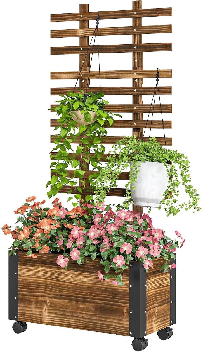 Plantenbak met latwerk - Bloembak steun - Planten verhogen - Verrijdbaar met wielen - 65 x 31 x 147 cm