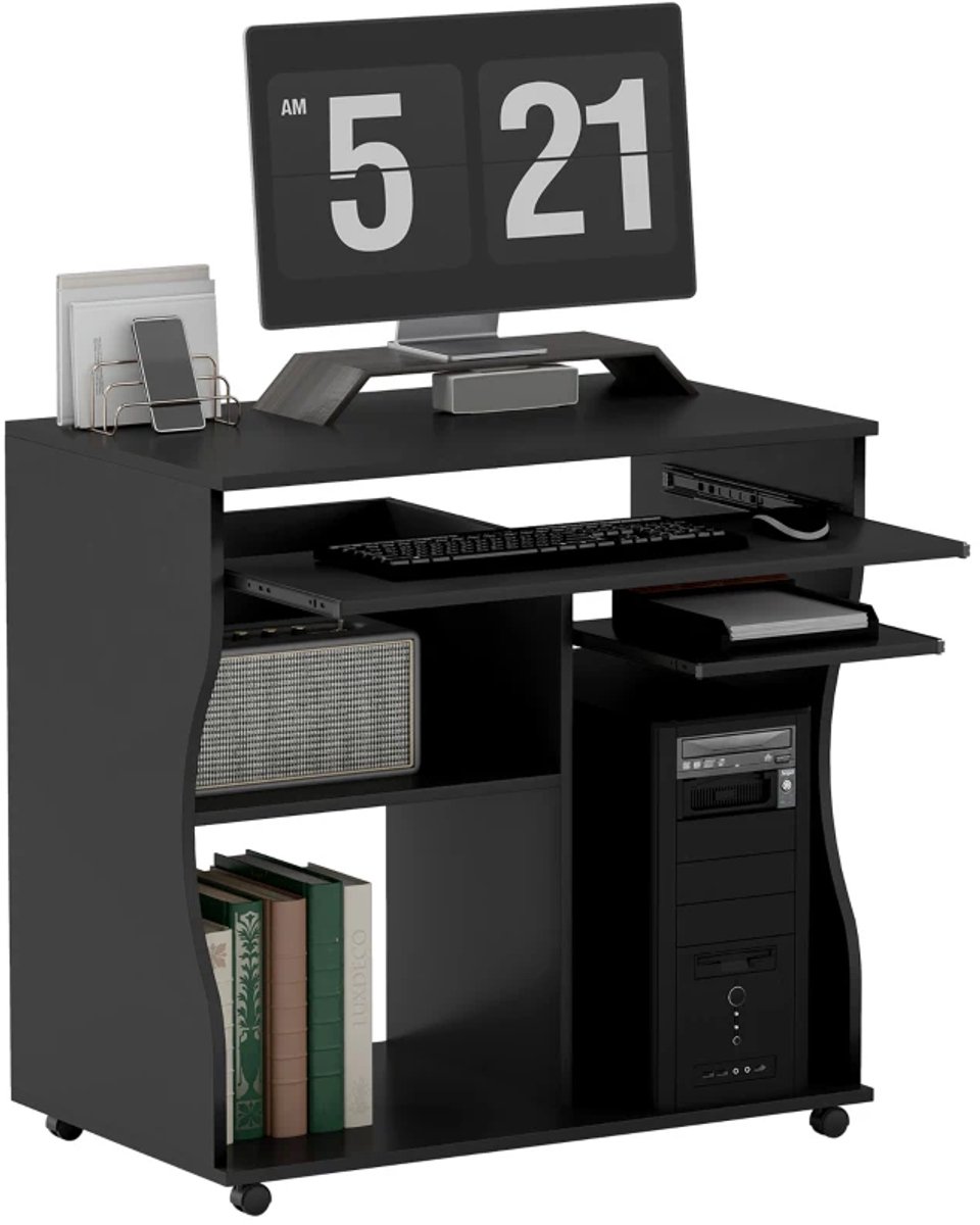 Bureau met Opbergruimte & 4 Wielen - Verrijdbaar Bureau - In Computerbureau - Computer Tafel - Bureautafel - Desk - Game Bureau - 80 x 48 x 75 cm - Zwart