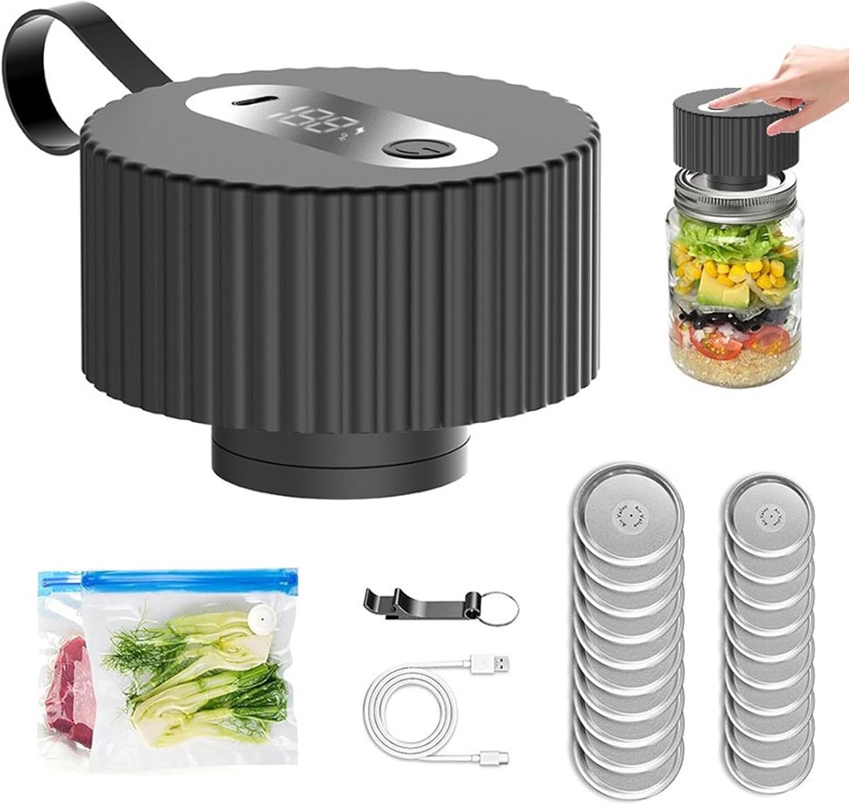 Vacuümsealer voor inmaakpotten, 1800 mAh, 3-in-1 glazen vacuümmachine, one-touch-bediening, vacuümsealer starterset, vacuümsealer glas voor opslag en gisting (zwart)
