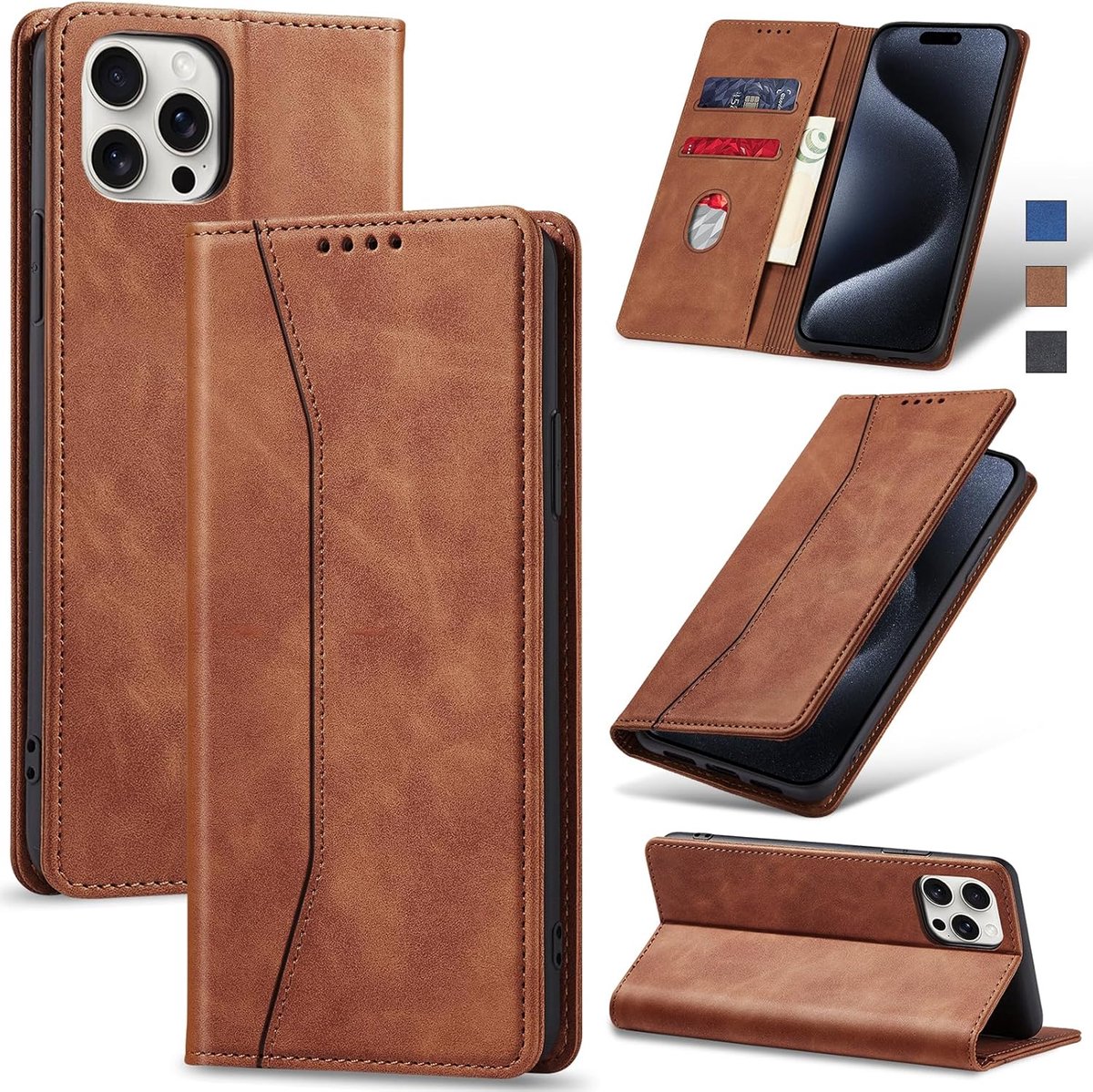 Hoesje voor iPhone 15 Pro Hoes Book case, Premium Lederen Flip Wallet Telefoon Case [Kickstand]Hoogwaardige cover mobiele telefoon case geval beschermhoes (Bruin) | Flip boek, kaartsleuf, magnetisch, standfunctie, schokbestendig TPU