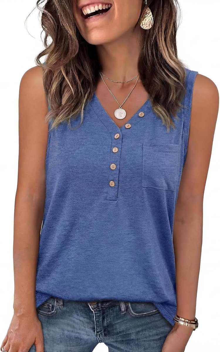 Mouwloos T-shirt voor dames, met knopen, V-hals, zomervest, basic, cami, casual, zacht, effen, los, rekbaar, T-shirt met zak