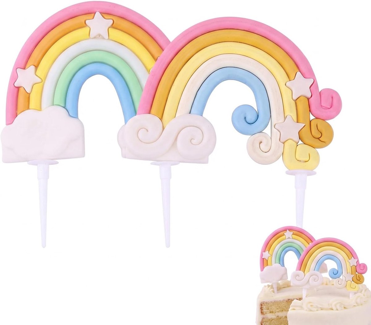 2 stuks regenboogtaarttoppers, personaliseerbaar met wolken, taartdecoratie voor kinderverjaardag, van zacht keramiek, ideaal voor babyfeestjes, bruiloften en themafeesten