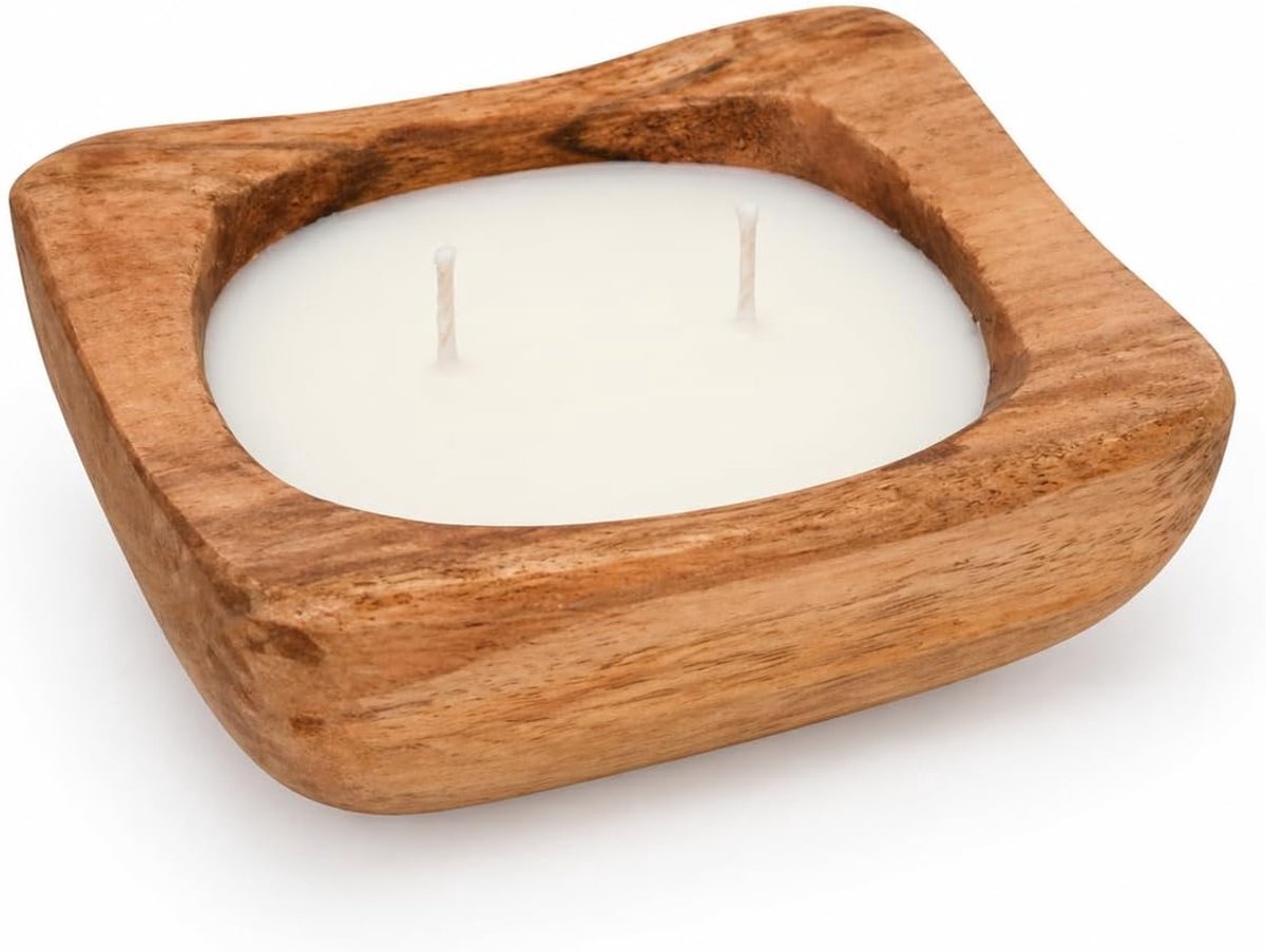 Geurkaars in vierkante houten schaal, 2 lonten, compacte sfeerkaars, 12,5 x 12,5 cm, natuurlijke woondecoratie, luxe kaars voor thuis en cadeau-idee
