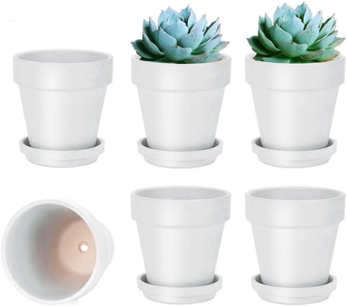 Vensovo Witte kleipot van 10,16 cm voor plant met schotel - 6 stuks kleine terracotta plantenpot met afvoergat, bloempot met dienblad, terracotta pot voor binnen en buitenplant