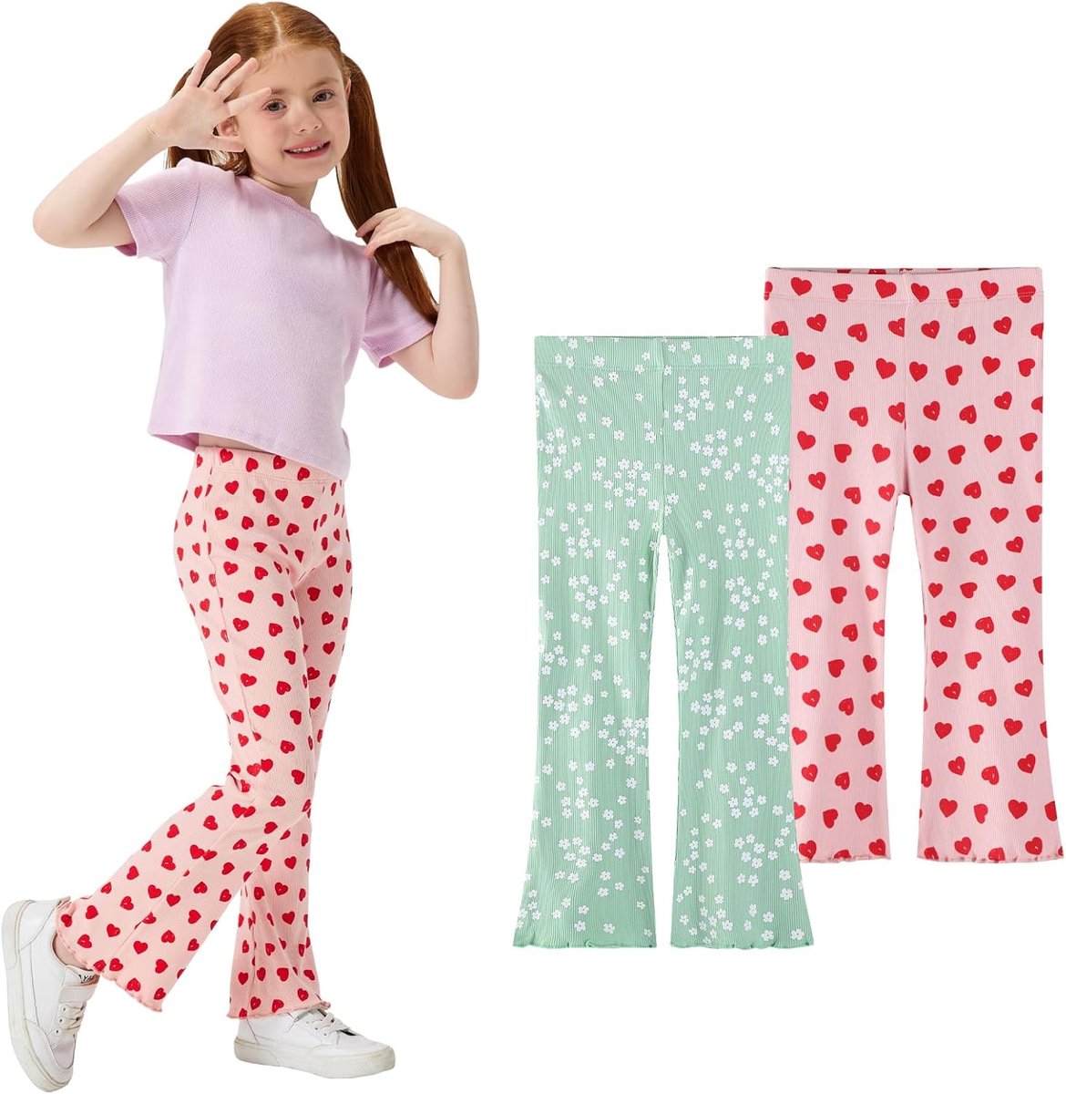 Peuterbroek voor meisjes, van geribbeld katoen, voor 3-7 jaar, uitlopende leggings, stretch vrijetijdsbroek, verpakking van 2 of 3 stuks