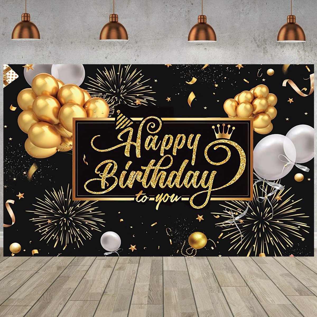 10x6.5FT Verjaardag Achtergrond Zwart en Goud Gelukkige Verjaardag Teken Ballon Vuurwerk Poster Fotografie Achtergrond Verjaardagsfeestje Indoor Outdoor Decoraties Banner Foto Booth Props