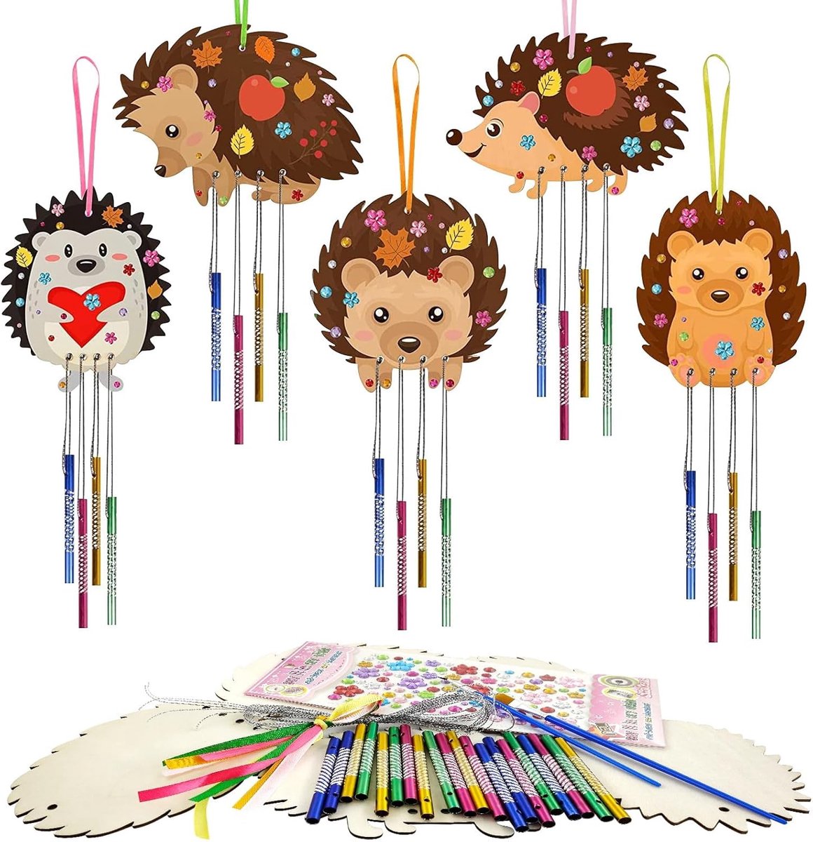 Houten knutselset, 5 stuks, knutselset voor kinderen, windspel knutselen met kwast/edelsteenstickers, egel, windspel, knutselset voor kinderen, houten egels om te beschilderen, herfst, knutselen,