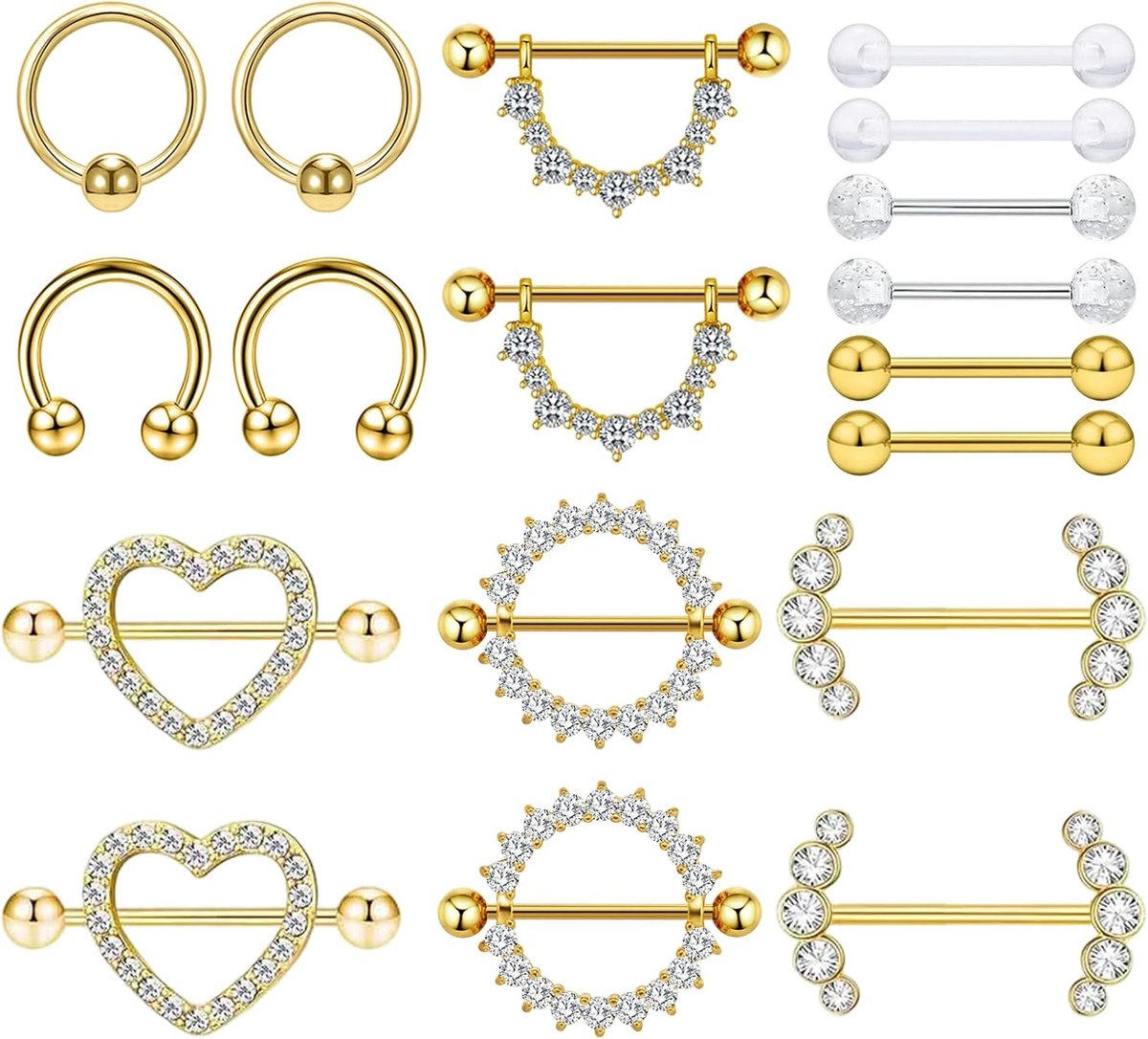 9 stuks tepelpiercing roestvrij staal oorpiercing staal piercing voor dames (goud)