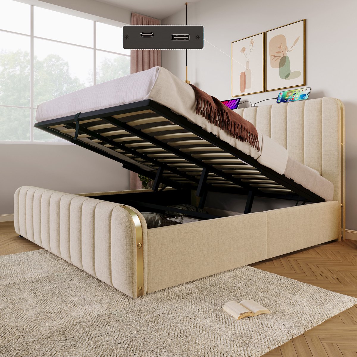 Bedframe - 180x200 Cm - Bed - Met Lattenbodem - Met Opbergruimte - USB C - Beige - Zonder Matras