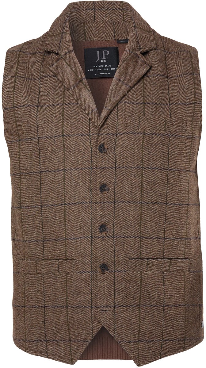 JP 1880 - Heren - Tweed gilet FLEXNAMIC® geruit wolmix revers tot 8XL - Notenbruin - Maat 5XL