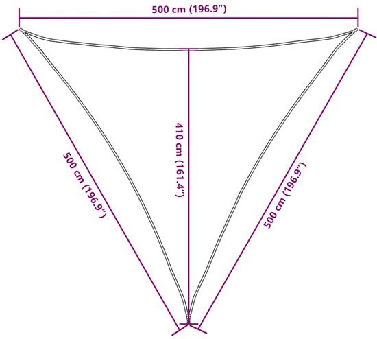 Schematische weergave van een driehoekig zonnedoek met afmetingen: 500 cm, 410 cm en 500 cm.