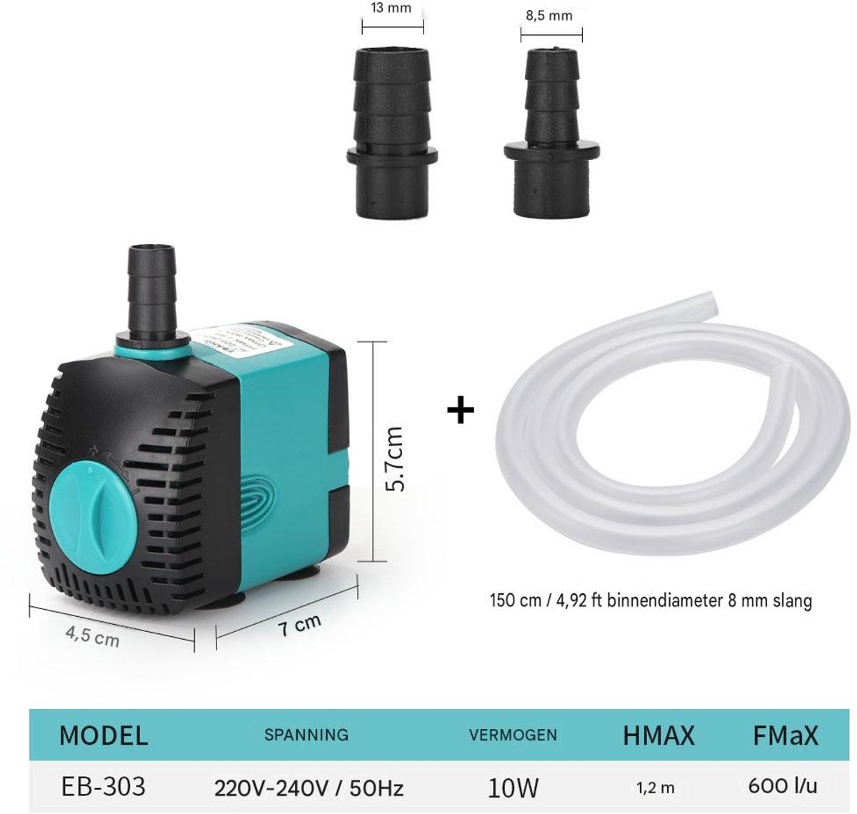 carmdering - Mini Waterpomp - Met zuignap en waterpijp - Ultra Stille Dompelpomp 450L/u - Aquarium Waterpomp - Vijverpomp - Fonteinpomp - Met 2 sproeiers - Voor Aquaria, Fonteinen, Beelden, Hydrocultuur, Vijvers