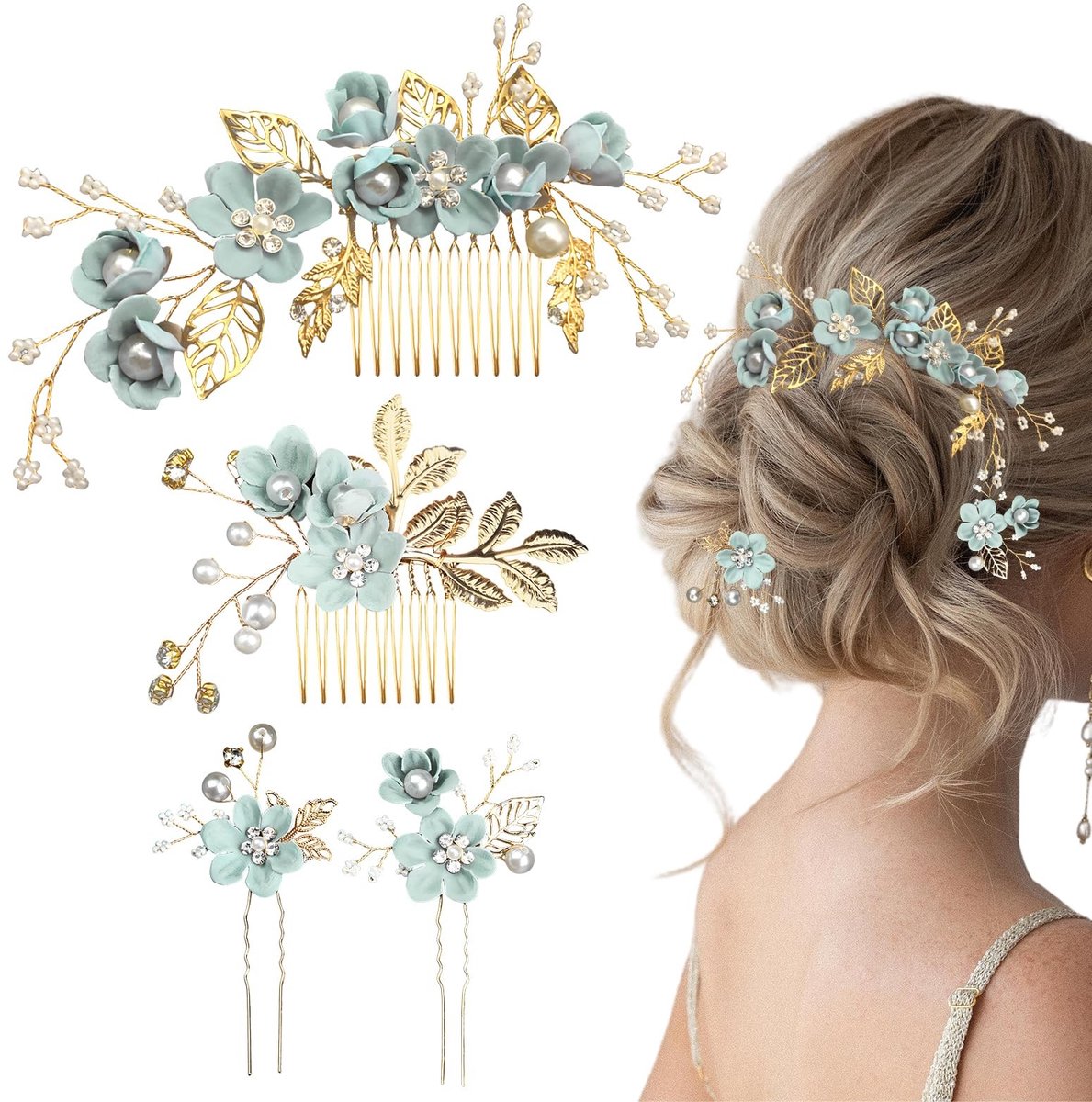 SolidKeus - Set van 4 Groene Bruidshaaraccessoires met Bloemen