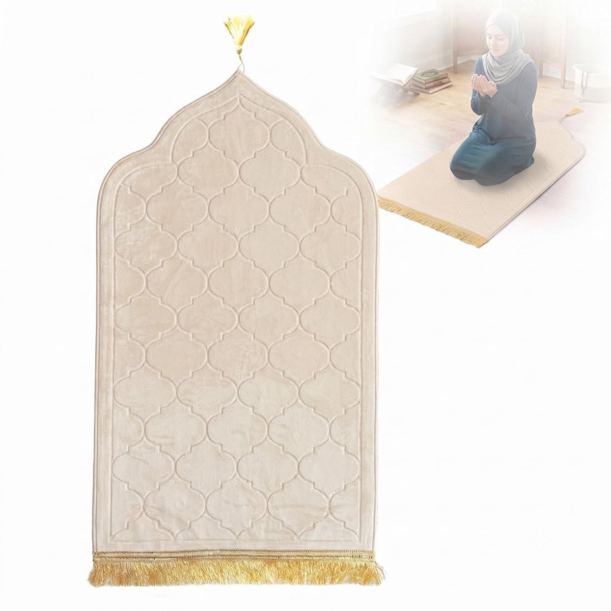 SolidKeus - Gewatteerd Gebedstapijt voor Moslims, Beige