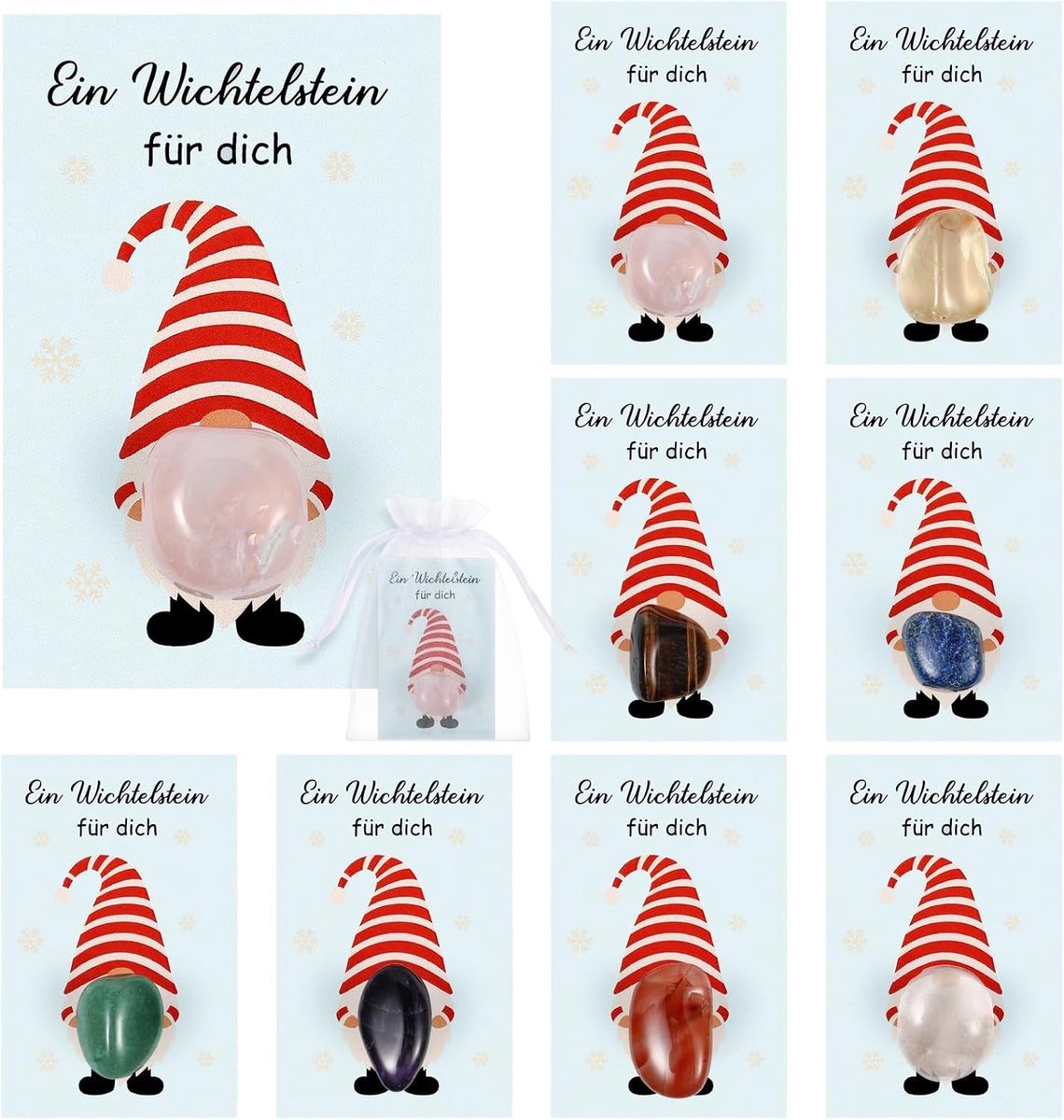Set van 8 Geluksstenen in Gnoomthema, Ongeveer 2–2.5cm, Inclusief Kerstkaarten en Organza Zak, Perfect voor Adventskalender en Nieuwjaarsgeschenk