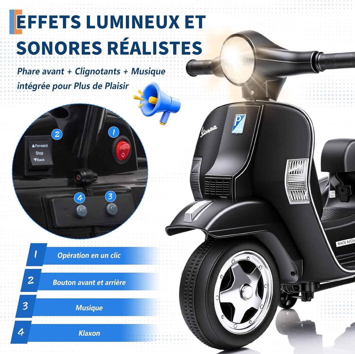 Elektrische Scooter voor Kinderen - Retro Kindermotor met Licht, Muziek en Claxon, 6V - Zwart – foto 5