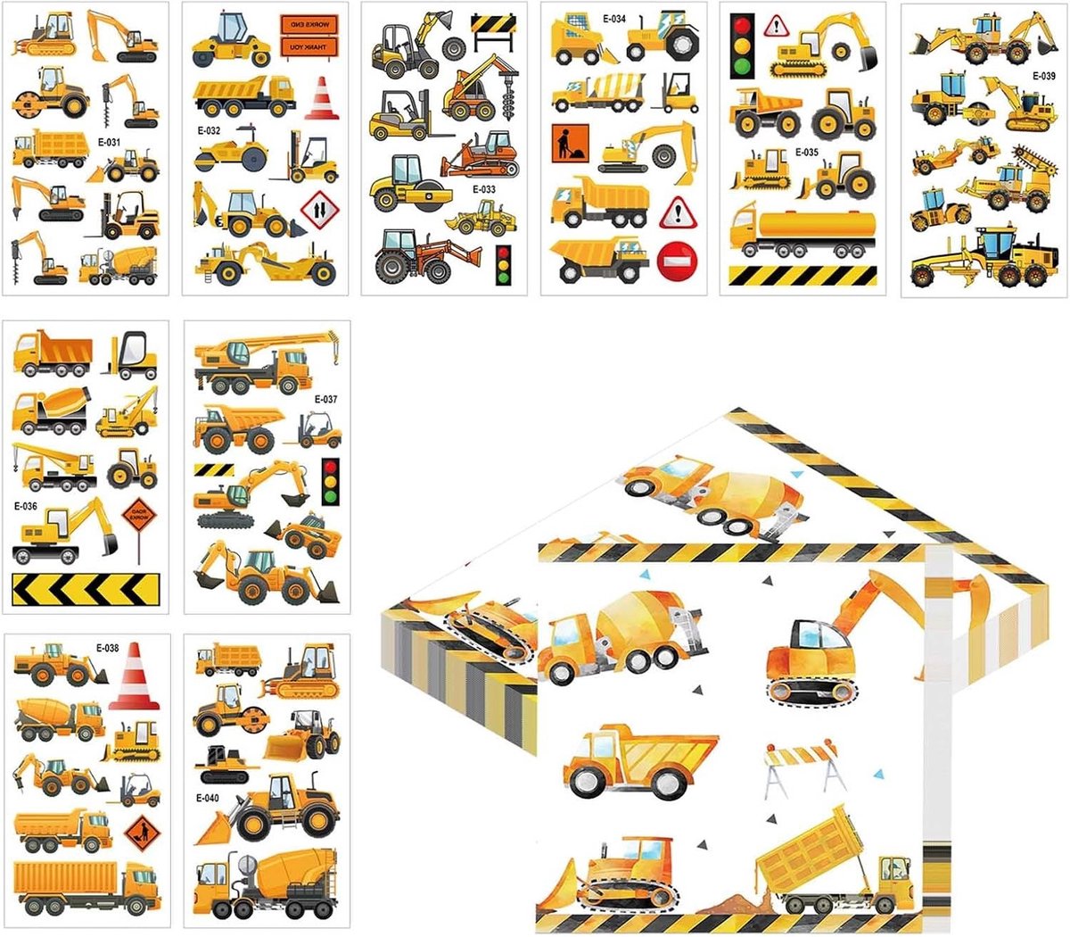 Verjaardagsservetten voor kinderen met graafmachine en bouwvoertuigen - 40 stuks + 10 tijdelijke tattoo's - 30 x 40 cm - feestdecoratie jongens bouwthema