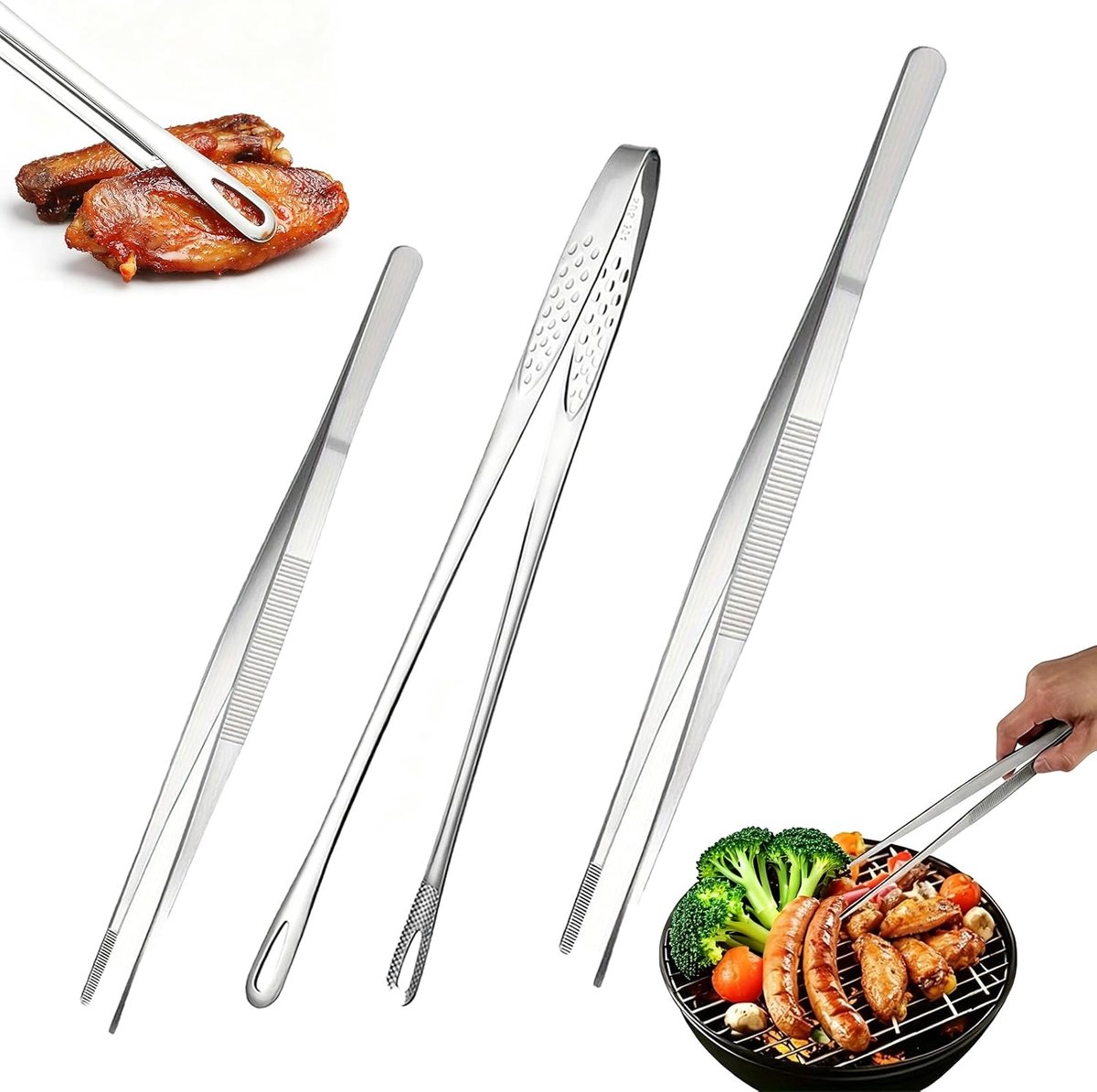 Set van 3-delige keukenpincet van roestvrij staal, vaatwasmachinebestendige grillpincet van roestvrij staal, 25 cm/28 cm/30 cm, multifunctionele kooktang voor koken, braden en grillen (zilver 1)