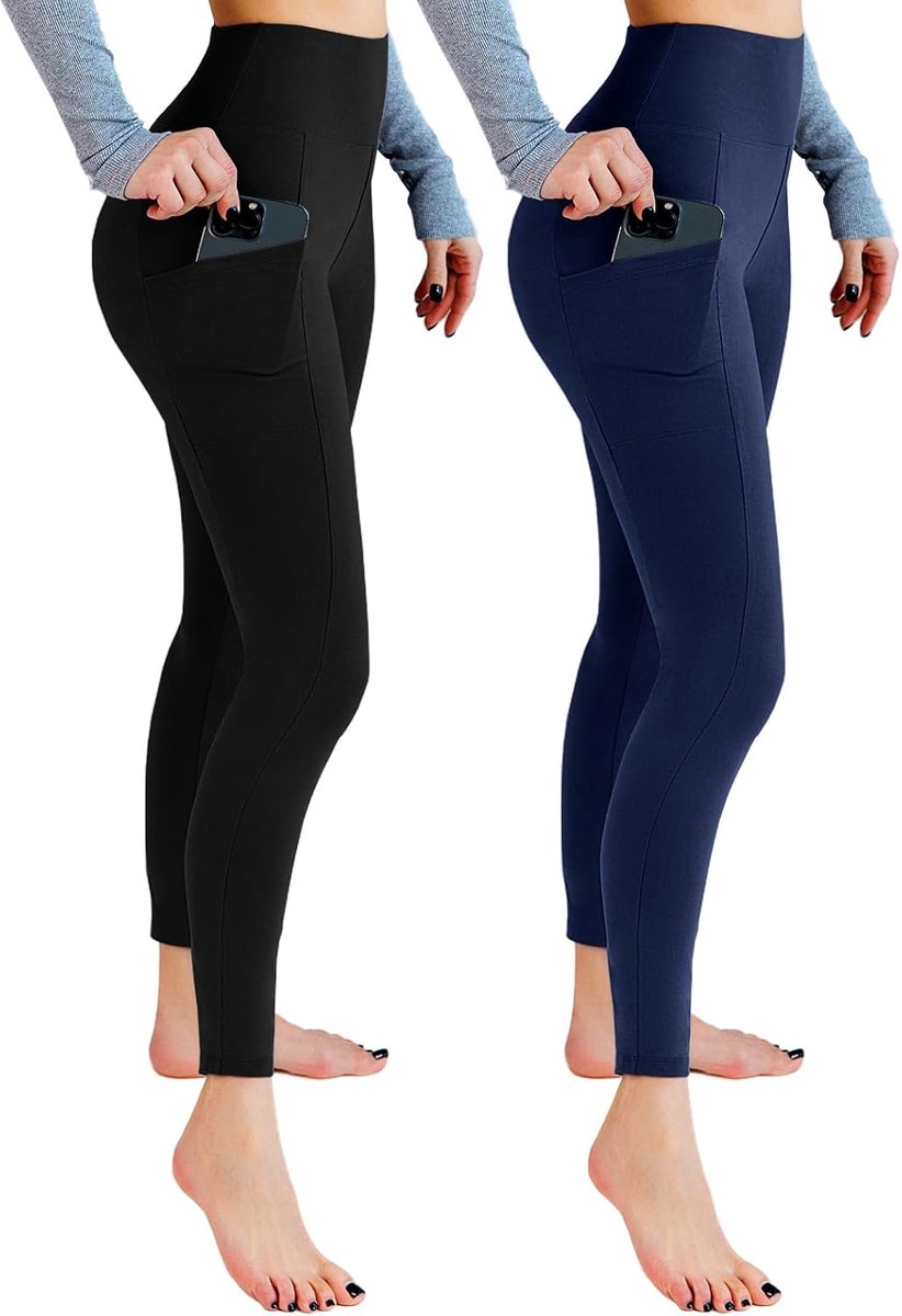 Leggings voor dames, hoge taille, ondoorzichtige leggings met zakken voor work-out, sport, yoga, hardlopen, 2 stuks