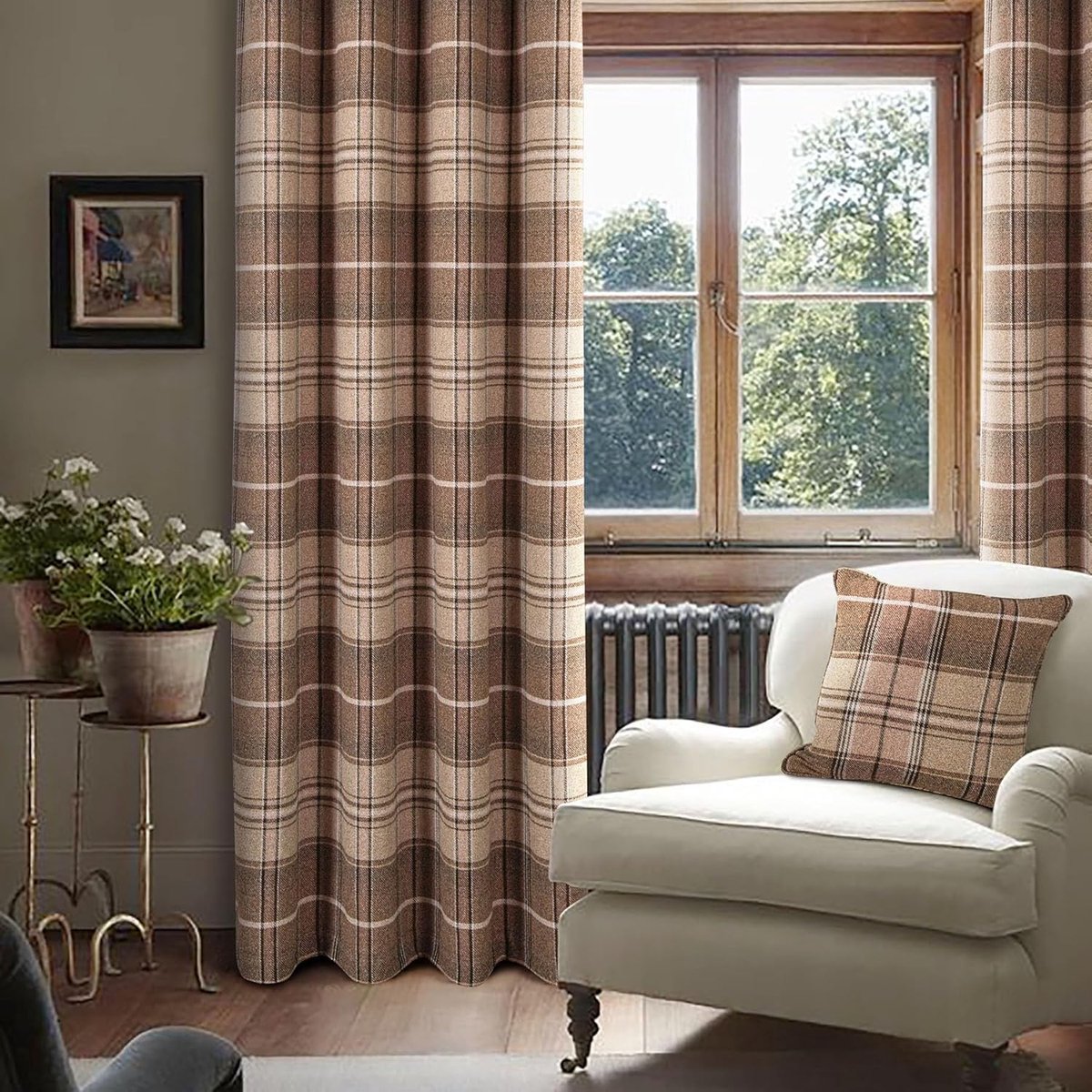 Always4u Geruit gordijn, 100% verduisterend, warmte-isolerend, met oogjes, dubbele gordijnen van kunstwol, voor slaapkamer, woonkamer, modern, L 137 x H 213 cm, lichtbruin, 2 stuks