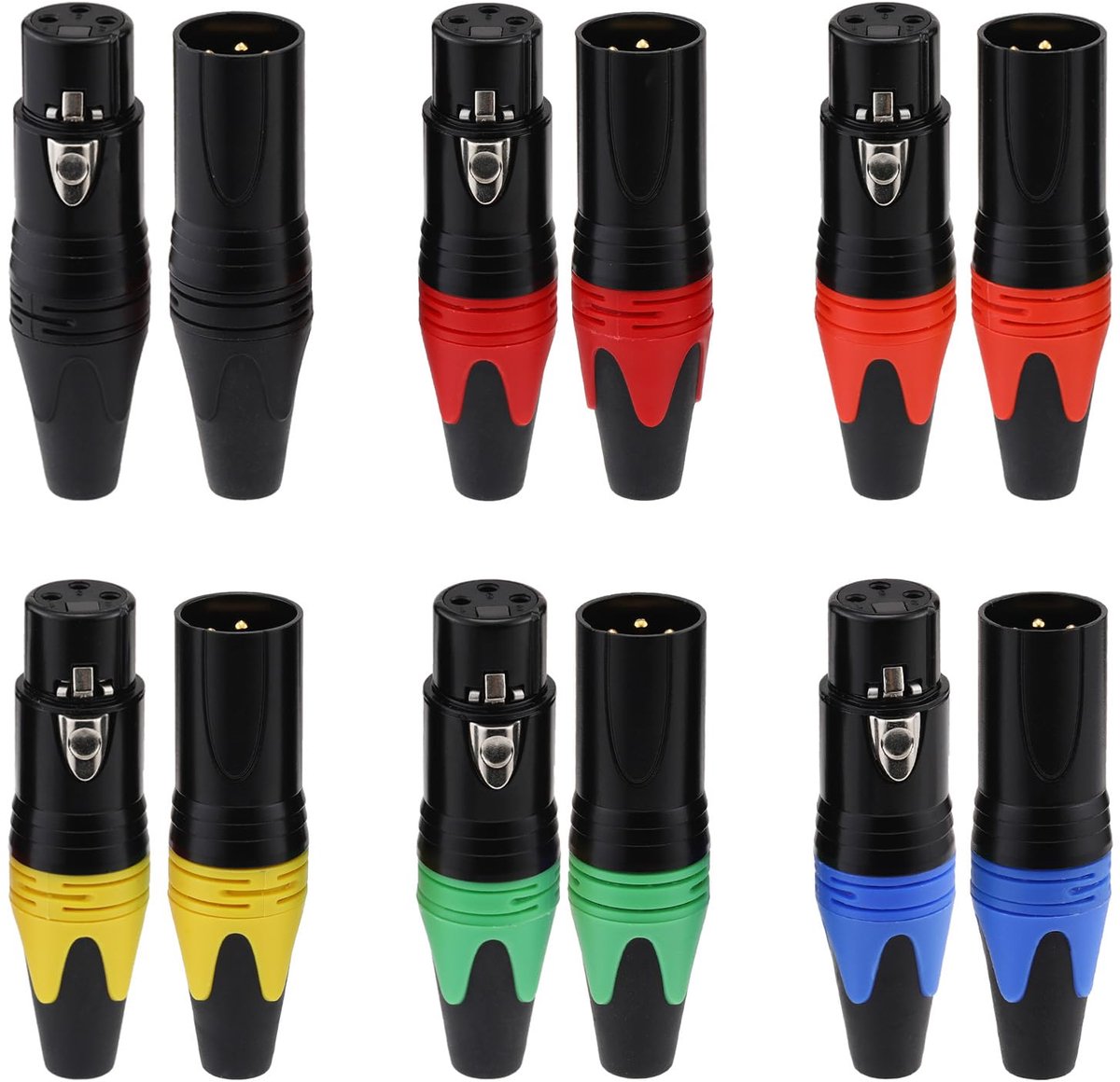 6 paren 3-pins XLR-connectoren, 6-kleurige soldeertype XLR-uiteinden, mannelijke/vrouwelijke audiomicrofoon DMX-stekker/aansluiting, vergulde koperen contacten
