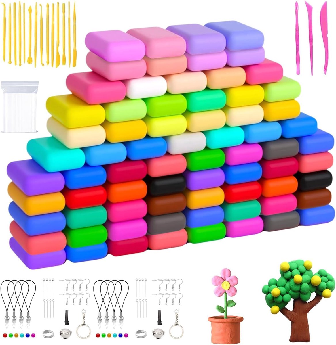 Kleiset voor Kinderen - 72 Kleuren Luchtgedroogde Klei, 17 Sculptuurtools, 100 Zakjes, 2 Set Oorbellen Sleutelhanger Accessoires, Creatieve DIY Klei Set voor Kinderen