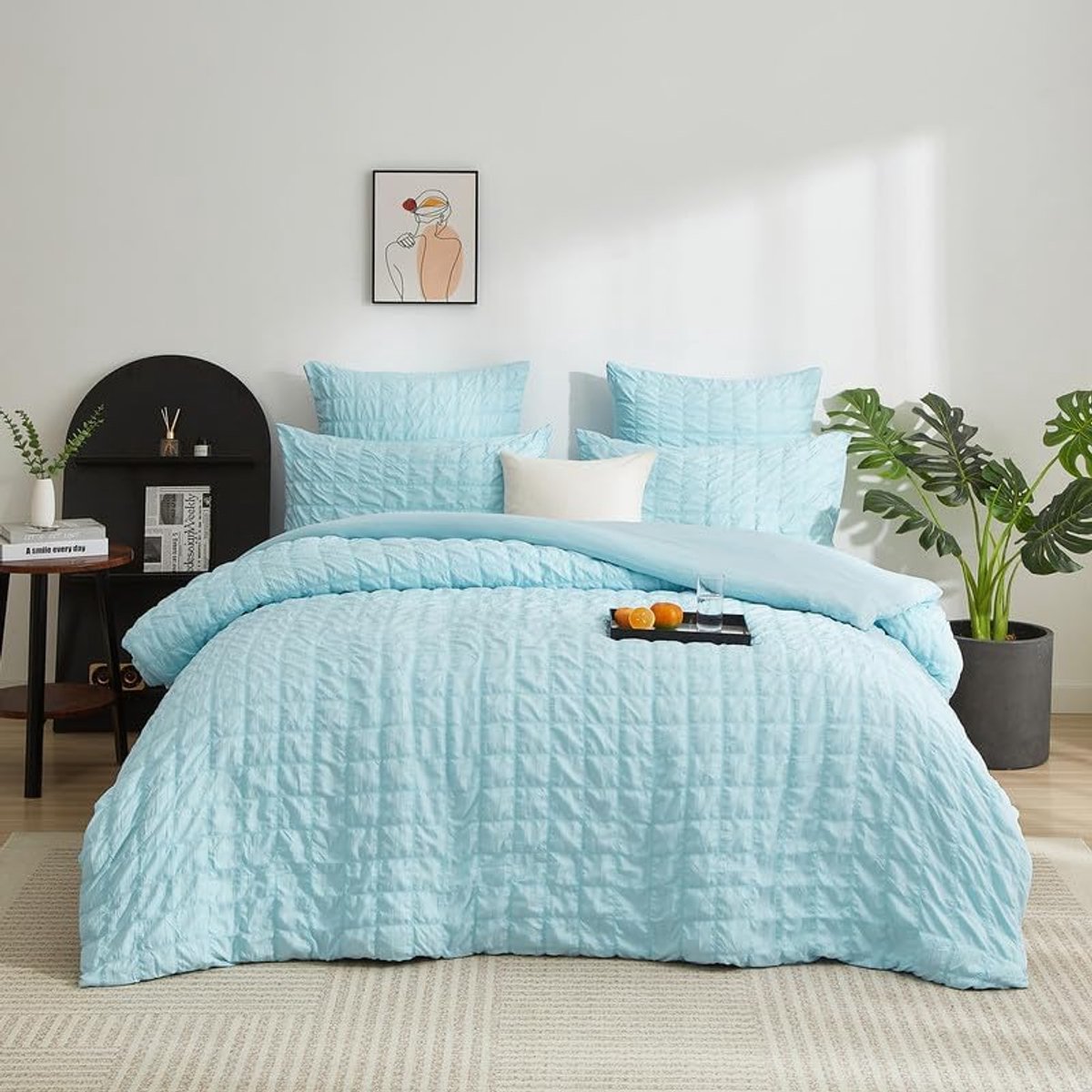 Beddengoed blauw 155 x 220 cm geruit Seersucker zomer ademend verkoelend beddengoed modern romantisch omkeerbaar beddengoed set dekbedovertrek 155 x 220 cm en 2 kussenslopen 80 x 80 cm met