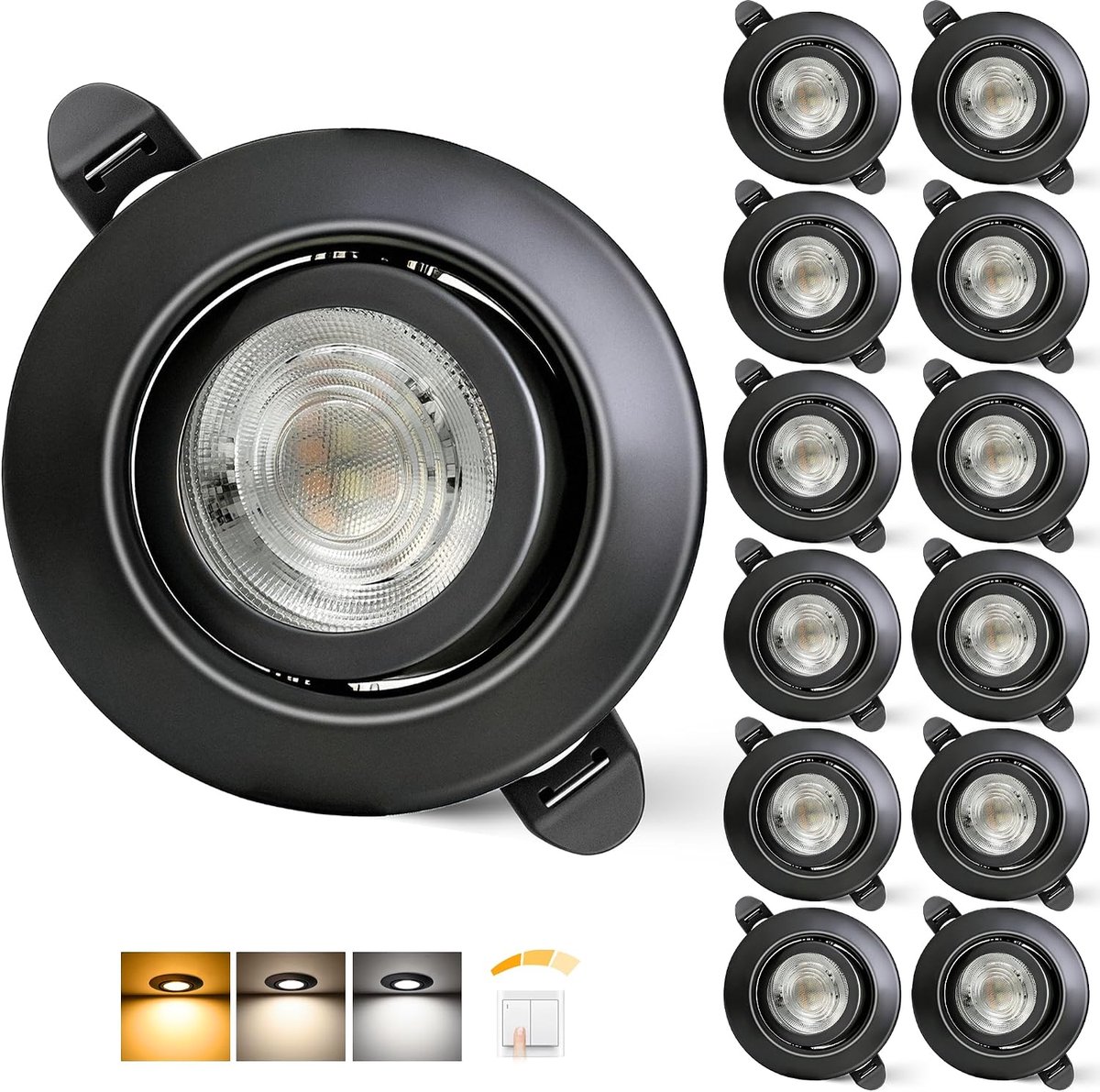 Inbouwspot 230V Dimbaar 68mm 5.5W IP44 LED Spots Ultraplatte Plafondspots 45° Draaibaar Inbouwspots Warm Wit Neutraal Wit Koudwit Inbouwspots Voor Badkamer Woonkamer, Zwart Set Van 12