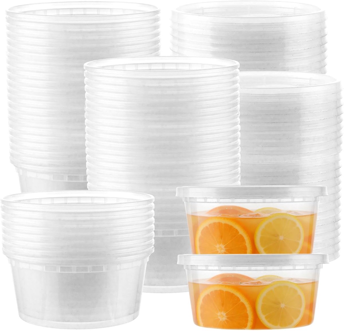 48 stuks herbruikbare plastic bekers met deksel, 350ml, Deli-containers, plastic bakjes, plastic dozen voor voedsel, soepen, fruit, lekvrij