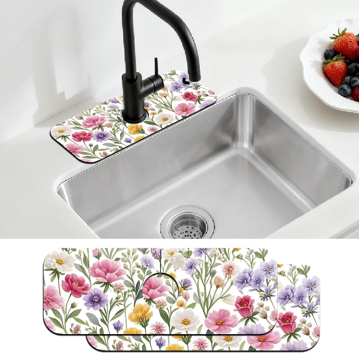 2 stuks keukenspoelbak, spatbescherming, kraanmat met kleurrijk aquarel bloemen en plantenpatroon, absorberende droogmat van diatomeeënaarde, antislip onderkant voor keuken en badkamer, 38 x