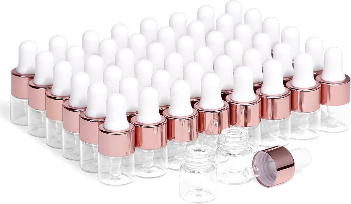 Glazen druppelflesjes, 50 stuks etherische olieflessen met roségouden dop, doorzichtige lege tinctuurflesjes met oogdruppelaar dispenser gebruikt voor parfummonster, lichaamsolie, cosmetische