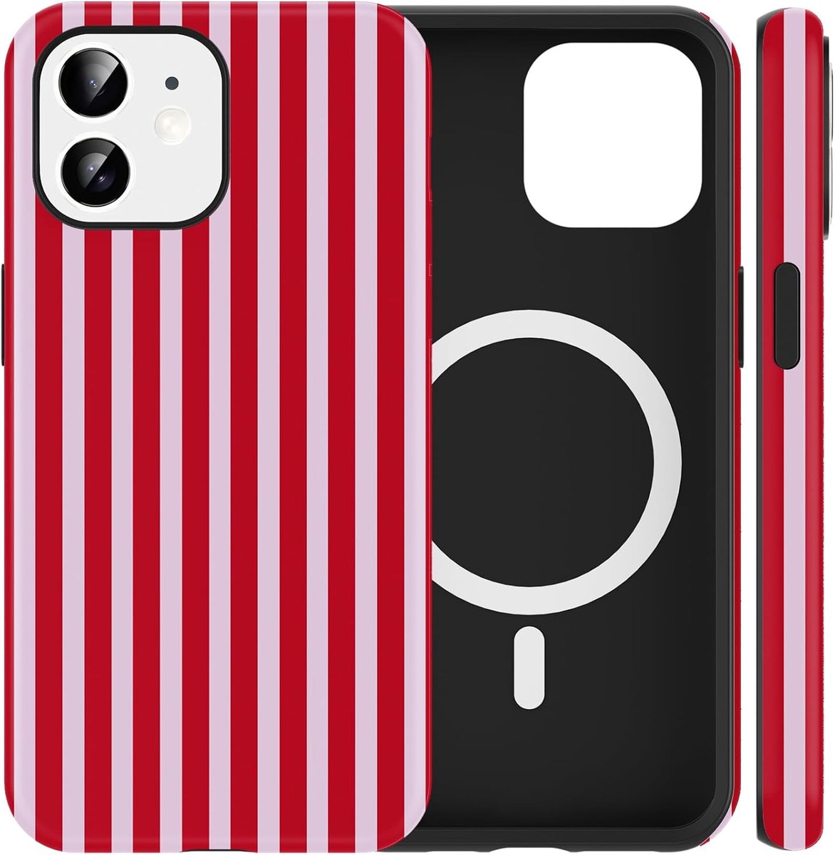 Beschermhoes voor iPhone 12 Pro / 12 6,1 inch, compatibel met Magsafe hoes, esthetisch, rood, roze, gestreept design, stootvast, siliconen achterkant, beschermhoes voor meisjes