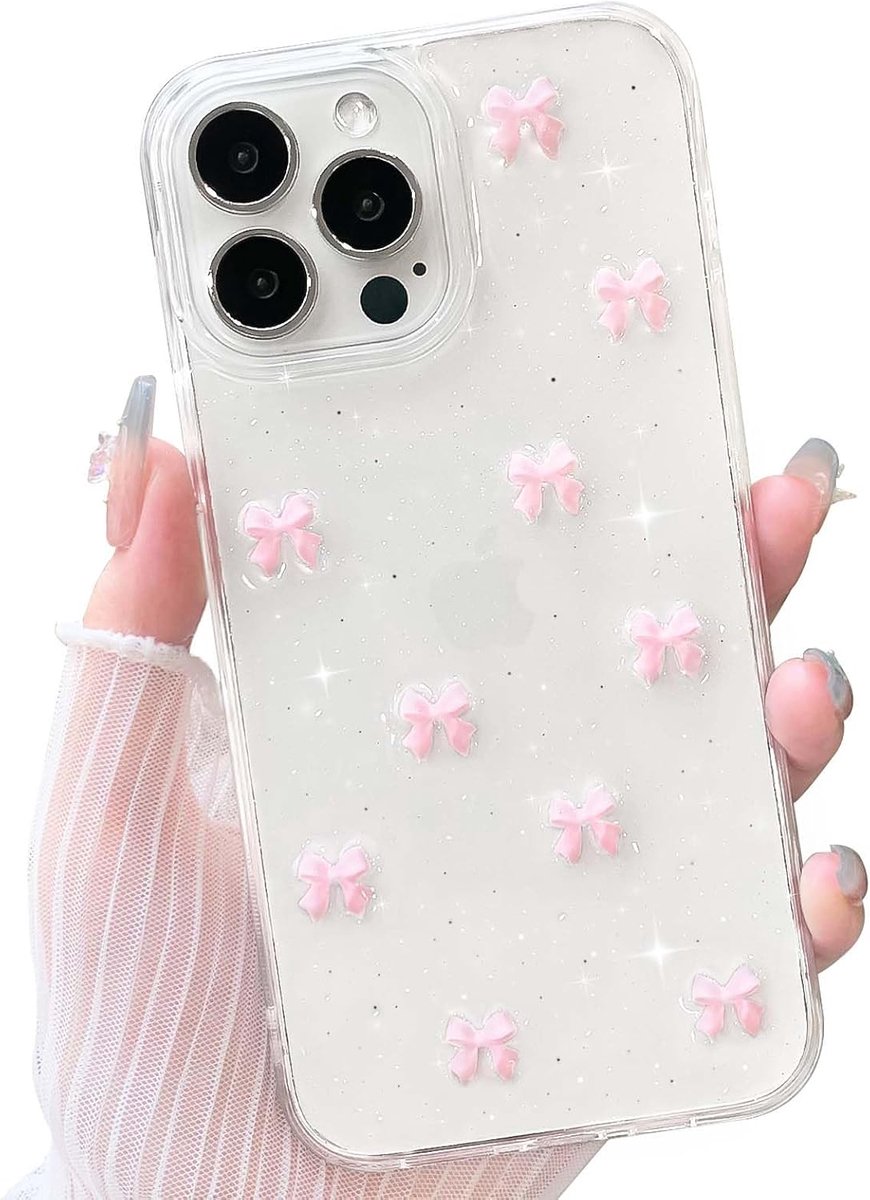 Case voor iPhone 13 Pro Max Doorzichtig Schattige Linten Strikjes 3D Transparante Hoesje Bling Glitter Anti-Vergeling Schokbestendige Telefoonhoesje voor Vrouwen Meisjes - Roze