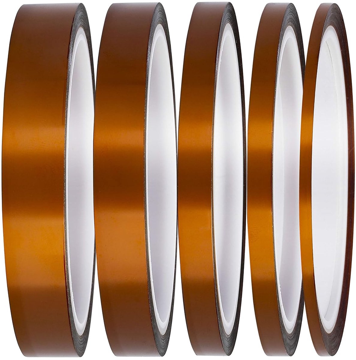 Plakband, hoge temperatuur tape tape tape tape, polyimid 3 mm, 6 mm, 8 mm, 12 mm, 15 mm voor maskeren, overbrengen, sublimeren, 3D-prints (5-pack)