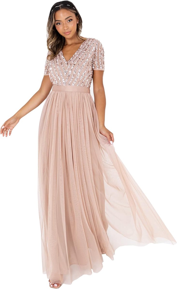 Deluxe Maxi-jurk voor dames, bruidsmeisje, V-hals, baljurk met korte mouwen, lang, elegant, empire-taille, bruiloft, Taupe Blush, 34