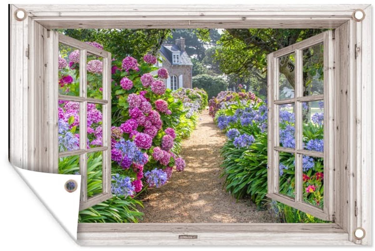 Dailygoods- Tuinposter 90x60 cm - Hortensia - Doorkijk - Bloemen - Tuindoek - Buitenposter - Stevige ringen