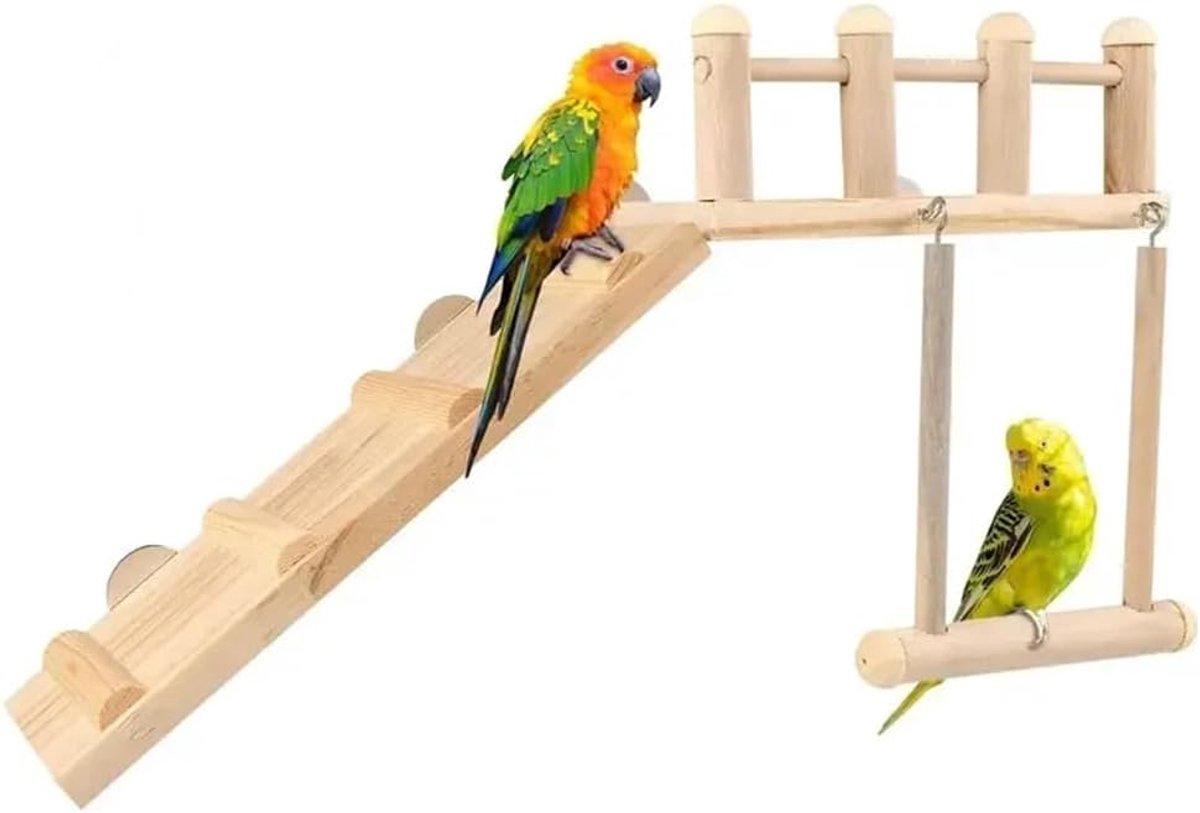 Vogelkooi Accessoires - Vogel speelgoed - Stimuleer activiteit - Ladder schommel springplank - 26 x 18 x 4 cm - Houtkleur