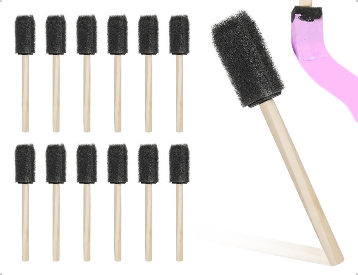 Dailygoods- Sponskwasten 12 Stuks - Wasbare Schuimkwasten - Verfapplicator met Houten Handvat - Herbruikbaar - Schuine Vlakontwerp - Duurzaam Schildergereedschap