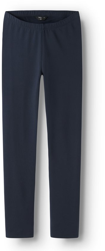 Donkerblauwe legging met elastische tailleband en smalle pijpen.